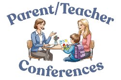 cartoon image of teacher meeting with parent and student